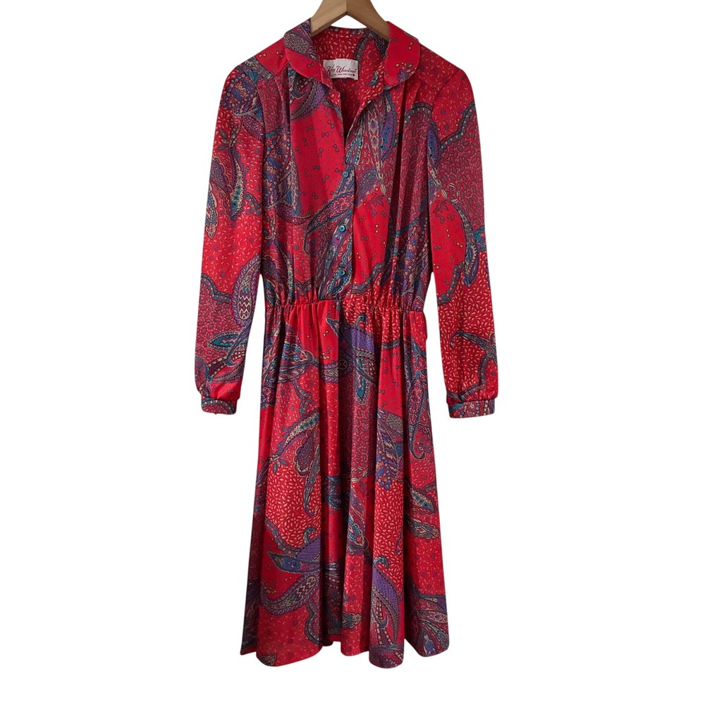 Vintage Kay Windsor Red Paisley Midi Dress ILGWU Made in USA Size 10 Long Sleeve